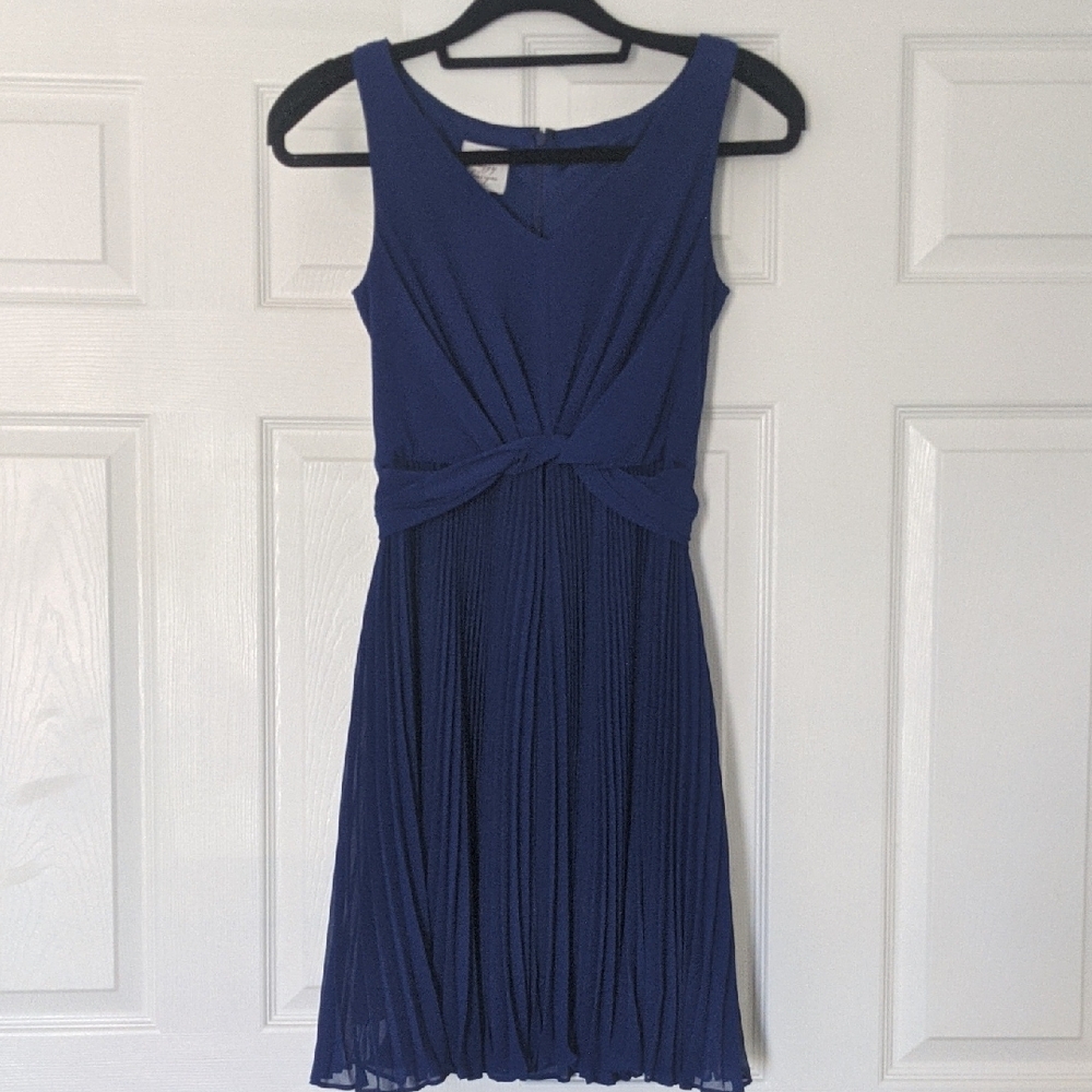 Suzi Chin for Maggy Boutique Blue Pleated Ruched Midi Dress